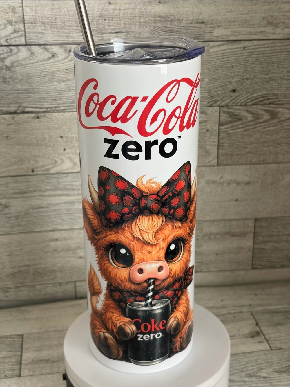 Coca Cola White & Red Cute Highland Calf Illustrated 20oz Stainless Steel Tumble